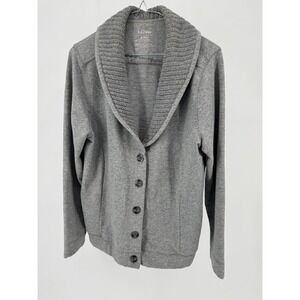 L.L.Bean Cardigan Sweater Medium Womens Gray Knit‎ Cowl Collar Button Front